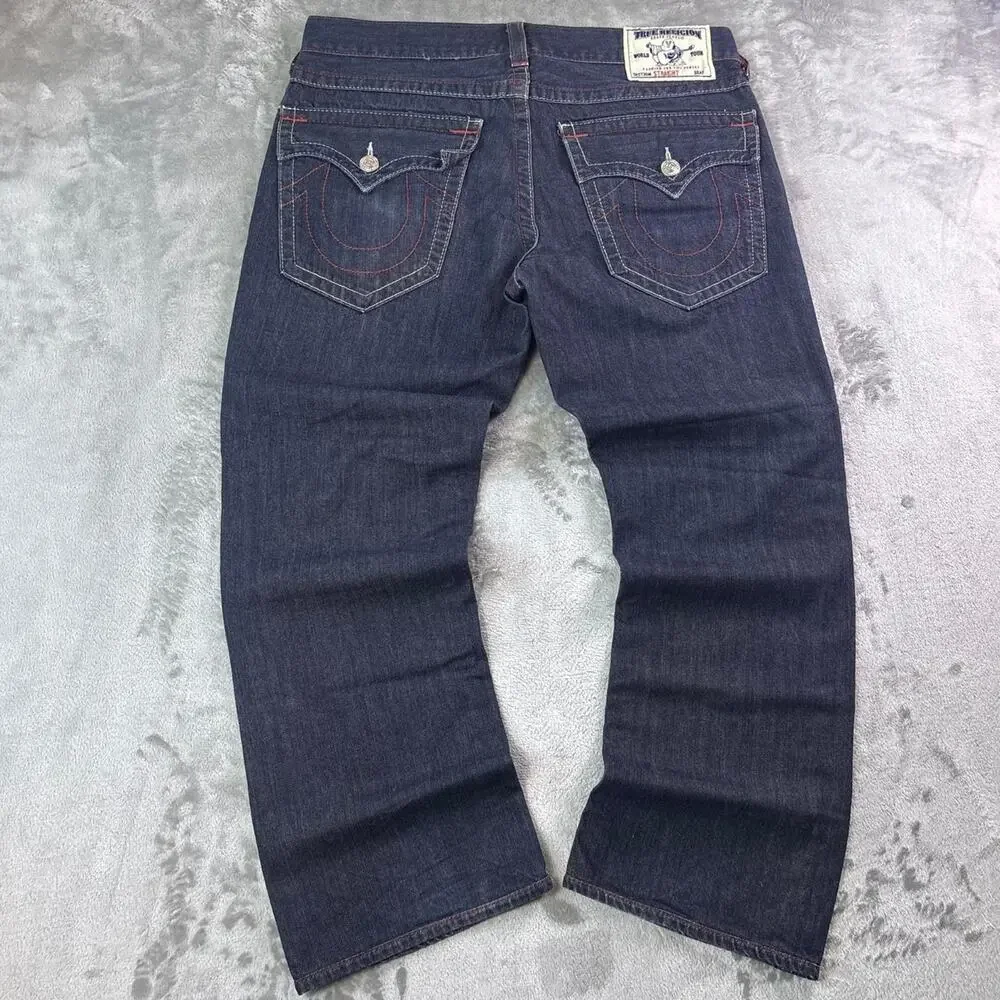 Vintage True Religion Straight Horseshoe Pocket Dark Wash Denim Jeans Mens Sz 34
